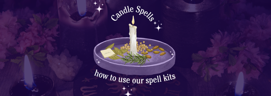 Illustration of a candle spell setup with herbs, a white spell candle, and a note labeled "intentions" on a purple tray, surrounded by flowers and lit candles. Text reads "Candle Spells – how to use our spell kits."