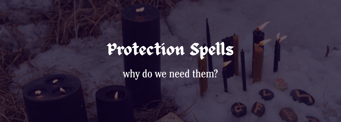 Lit black and brown candles surrounded by runes in the snow, with the text 'Protection Spells — why do we need them?' overlayed in gothic-style font