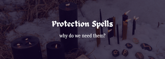 Lit black and brown candles surrounded by runes in the snow, with the text 'Protection Spells — why do we need them?' overlayed in gothic-style font